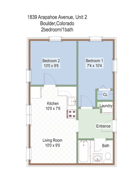 Floor plan for 2 beds, 1 bath, 596 sqft